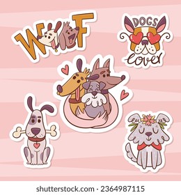 Cute Dog sticker collection. Hand-drawn isolated vector illustrations, perfect for dog lovers. Lovely and friendly pet stickers. Set 1 of 2.