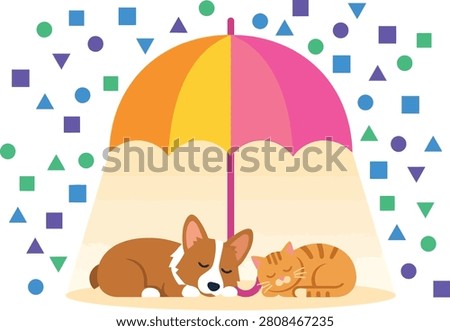 A cute dog and a striped cat sleep soundly together under a bright colorful umbrella as abstract shapes fall gently