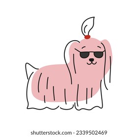 Gehörter Hund im Anzug. Adorable doodle rosa Laptop Welpe mit Pferdeschwanz und Sonnenbrille. Handgezeichneter Zeilendruck mit Haustier für App und soziale Medien. Cartoon-FlachVektorgrafik einzeln auf weißem Hintergrund