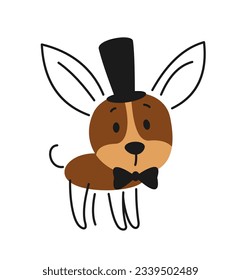 Gehörter Hund im Anzug. Charmantes lineares Haustier Chihuahua auf zylindrischem Hut mit schwarzer Schleife. Doodle lustige Welpe in tuxedo für App und Web. Cartoon-FlachVektorgrafik einzeln auf weißem Hintergrund