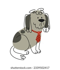 Gehörter Hund im Anzug. Lustiges, lustiges Haustier Bobtail mit roter Krawatte. Lineares Drucken mit doodle Shaggy Welpen für soziale Medien und Anwendungen. Cartoon-FlachVektorgrafik einzeln auf weißem Hintergrund