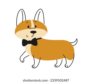 Cute dog in suit. Fluffy pet Corgi with bow tie in line art. Linear doodle print with lovely puppy for websites and social media. Cartoon flat vector illustration isolated on white background