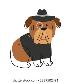 Cute dog in suit. Outline funny brown bulldog puppy in hat and with monocle. Doodle print with adorable pet for websites and social media. Cartoon flat vector illustration isolated on white background