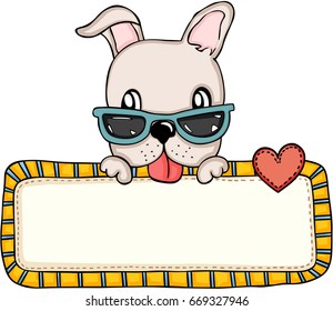 Cute dog with sunglasses and love blank sign