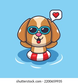 Cute dog in sunglasses swimming on beach cartoon illustration.