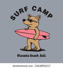 cute dog surfing retro cartoon illustration