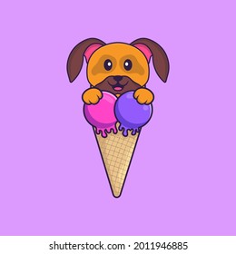 Cute dog with sweet ice cream. Animal cartoon concept isolated. Can used for t-shirt, greeting card, invitation card or mascot.