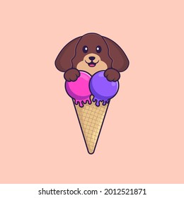 Cute dog with sweet ice cream. Animal cartoon concept isolated. Can used for t-shirt, greeting card, invitation card or mascot.
