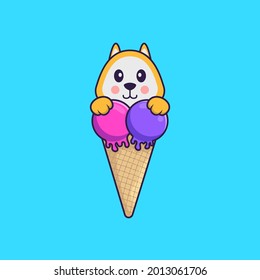 Cute dog with sweet ice cream. Animal cartoon concept isolated. Can used for t-shirt, greeting card, invitation card or mascot.