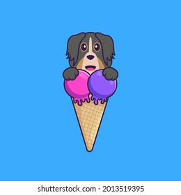 Cute dog with sweet ice cream. Animal cartoon concept isolated. Can used for t-shirt, greeting card, invitation card or mascot.