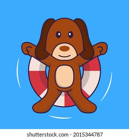 Cute dog is Swimming with a buoy.