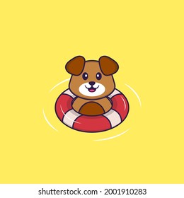 Cute dog is Swimming with a buoy. Animal cartoon concept isolated. Can used for t-shirt, greeting card, invitation card or mascot.
