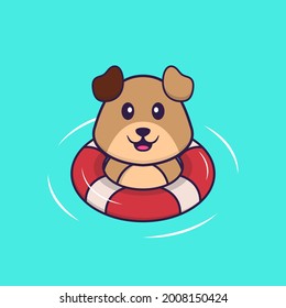 Cute dog is Swimming with a buoy. Animal cartoon concept isolated. Can used for t-shirt, greeting card, invitation card or mascot.