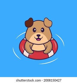Cute dog is Swimming with a buoy. Animal cartoon concept isolated. Can used for t-shirt, greeting card, invitation card or mascot.