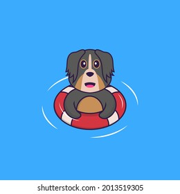 Cute dog is Swimming with a buoy. Animal cartoon concept isolated. Can used for t-shirt, greeting card, invitation card or mascot.