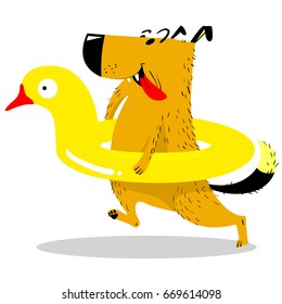 Cute dog in a swimming circle in the form of a duck. Dog like human. Dog on vacation near the water. Vector illustration with cartoon style