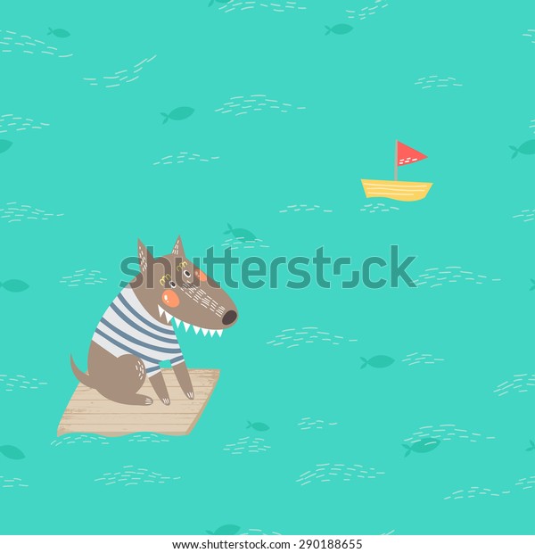 Cute dog swimming in the ocean on a raft.\
Vector illustration.