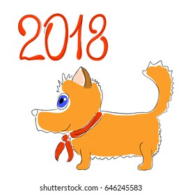 Cute dog - symbol of 2018 year. Dog vector illustration on white background. Cute doggy pet gift with red ribbon.New Year greeting card with corgi dog. Funny puppy smiling. Chinese year symbol dog