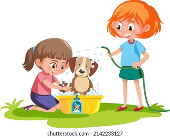 Cute dog take a bath with two little girl illustration