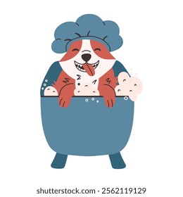 Cute dog takes a bath. Pet grooming vector illustration. 