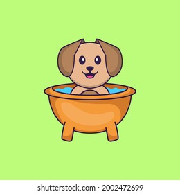 Cute dog taking a bath in the bathtub. Animal cartoon concept isolated. Can used for t-shirt, greeting card, invitation card or mascot.