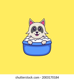 Cute dog taking a bath in the bathtub. Animal cartoon concept isolated. Can used for t-shirt, greeting card, invitation card or mascot.