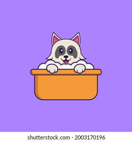 Cute dog taking a bath in the bathtub. Animal cartoon concept isolated. Can used for t-shirt, greeting card, invitation card or mascot.