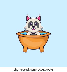 Cute dog taking a bath in the bathtub. Animal cartoon concept isolated. Can used for t-shirt, greeting card, invitation card or mascot.