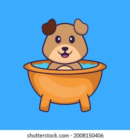 Cute dog taking a bath in the bathtub. Animal cartoon concept isolated. Can used for t-shirt, greeting card, invitation card or mascot.