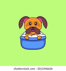 Cute dog taking a bath in the bathtub. Animal cartoon concept isolated. Can used for t-shirt, greeting card, invitation card or mascot.