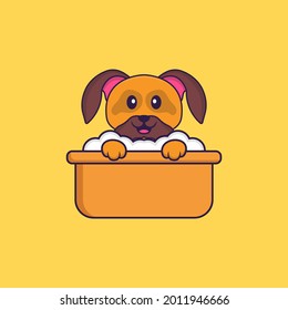 Cute dog taking a bath in the bathtub. Animal cartoon concept isolated. Can used for t-shirt, greeting card, invitation card or mascot.