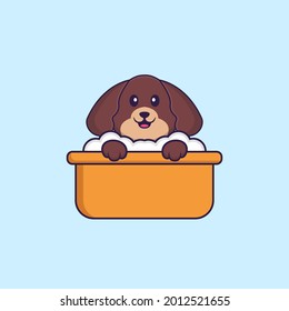 Cute dog taking a bath in the bathtub. Animal cartoon concept isolated. Can used for t-shirt, greeting card, invitation card or mascot.