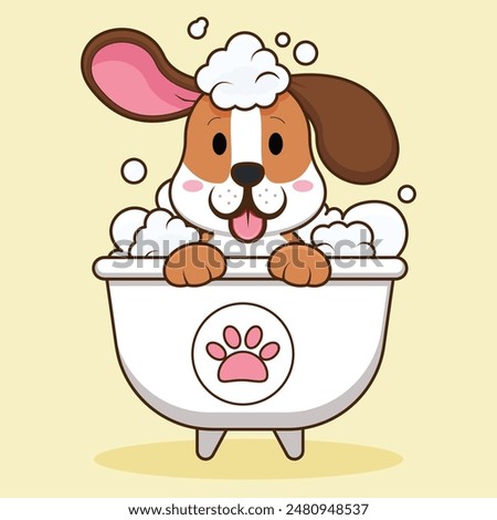 Cute dog taking a bath in a bathtub for grooming logo
