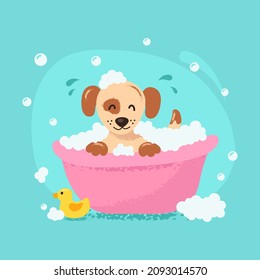 Perro lindo bañándose. Concepto de preparación de mascotas. Ilustración del vector