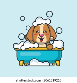 Cute dog taking bubble bath in bathtub cartoon illustration