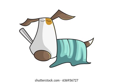 Cute Dog with a thermometer in mouth. vector illustration. Isolated on white background.