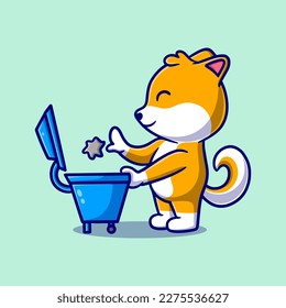 cute dog throwing trash in the trash cartoon icon illustration. illustration for education