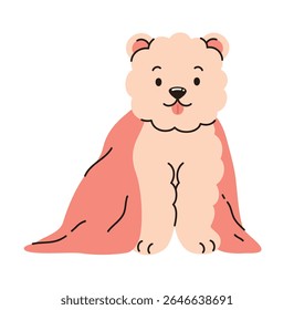 Cute dog in towel. Pet grooming. Flat vector illustration.