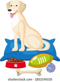 Cute dog with dog toy elements on white background illustration