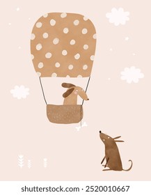 Cute Dog Traveling in a Brown Hot Air Balloon With Basket. Lovely Nursery Vector Art with Funny Adventurous Dog in a Montgolfier on a Off-White Background. Kids Room Decoration. RGB.