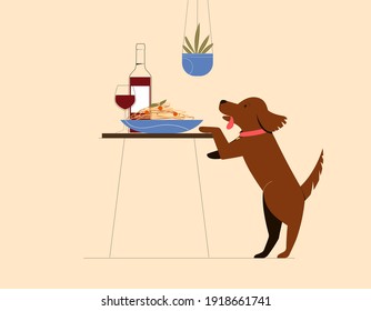 Perro lindo tratando de robar comida, pasta, de la mesa. Ilustración moderna plana de vectores