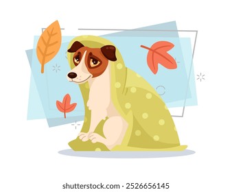 Cute dog under blanket vector illustration. Cartoon domestic animal character sitting at home. Leaves on abstract background. Autumn or fall, pet concept