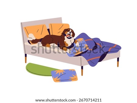Cute dog with unwanted behavior is lying, climbs to sleep on bed. Naughty puppy does mess in bedroom. Hyperactive pup relaxes on pillows. Flat isolated vector illustration on white background