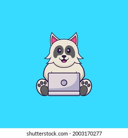 Perro lindo usando laptop. El concepto de caricatura animal aislado. Puede usarse para camisetas, tarjetas de felicitación, tarjetas de invitación o mascota.