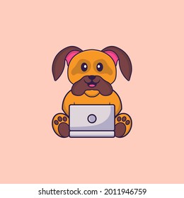 Cute dog using laptop. Animal cartoon concept isolated. Can used for t-shirt, greeting card, invitation card or mascot.