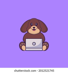 Cute dog using laptop. Animal cartoon concept isolated. Can used for t-shirt, greeting card, invitation card or mascot.