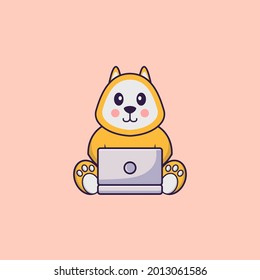 Cute dog using laptop. Animal cartoon concept isolated. Can used for t-shirt, greeting card, invitation card or mascot.