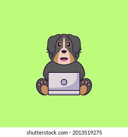 Cute dog using laptop. Animal cartoon concept isolated. Can used for t-shirt, greeting card, invitation card or mascot.