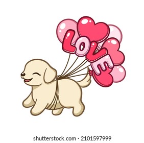 Cute dog with Valentine's Day balloons cartoon illustration