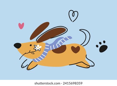 Cute dog for Valentines Day. Funny puppy surrounded by hearts holds flower and rushes forward. Romantic card with adorable pet. Cartoon flat vector illustration isolated on blue background